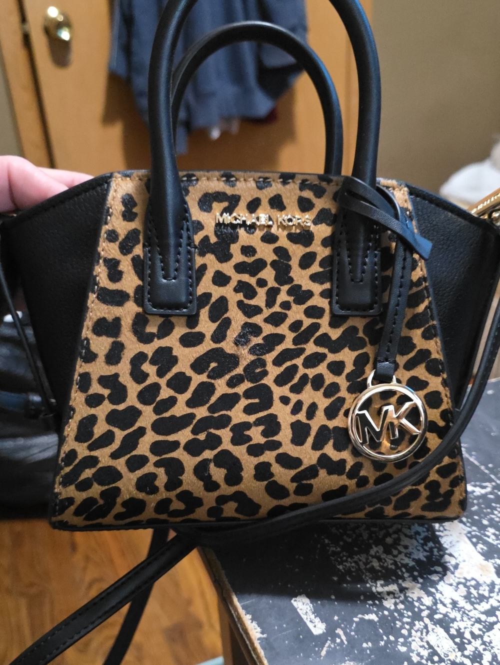 Michael Kors Leopard-Print Mini Satchel in Black and Tan